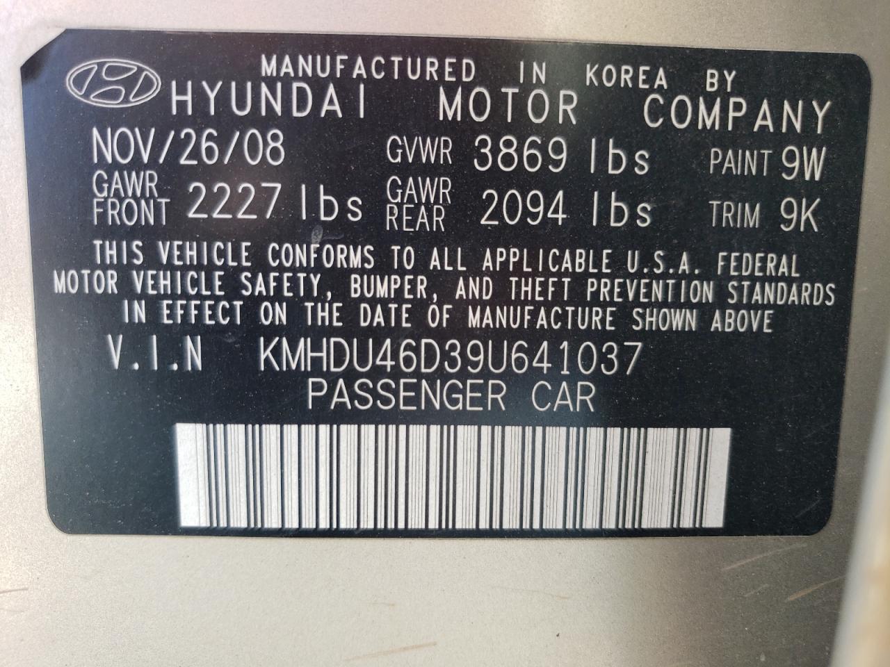 KMHDU46D39U641037 2009 Hyundai Elantra Gls