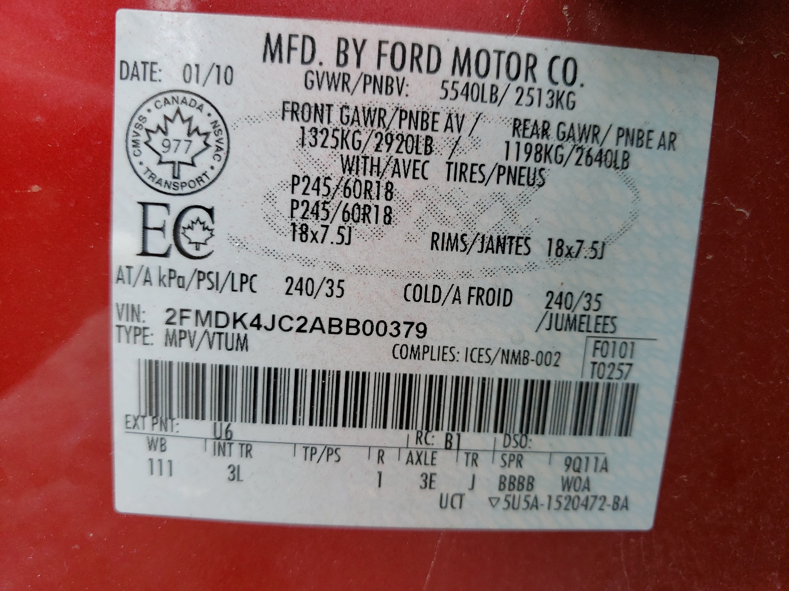 2FMDK4JC2ABB00379 2010 Ford Edge Sel