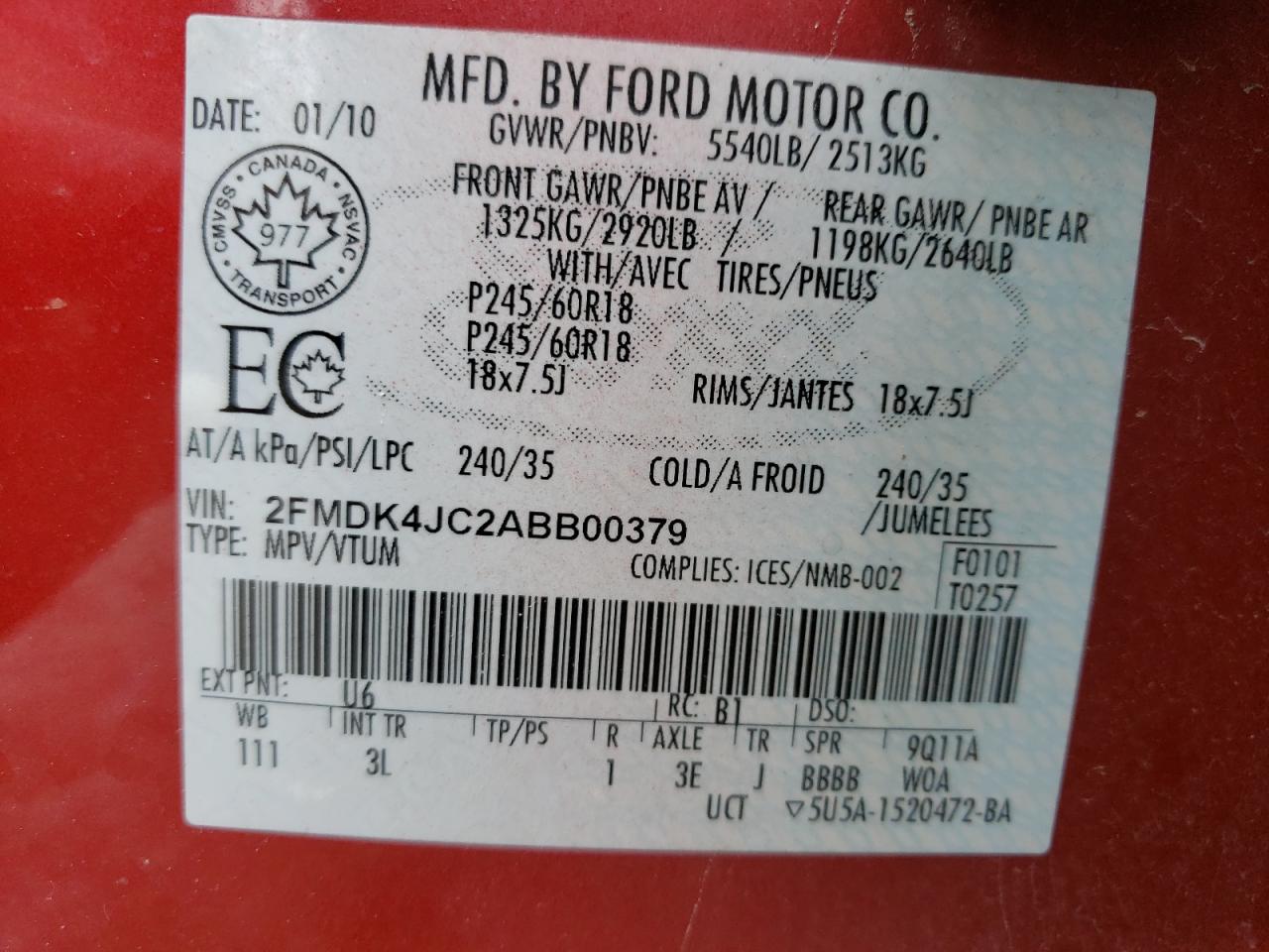 2010 Ford Edge Sel VIN: 2FMDK4JC2ABB00379 Lot: 66305203