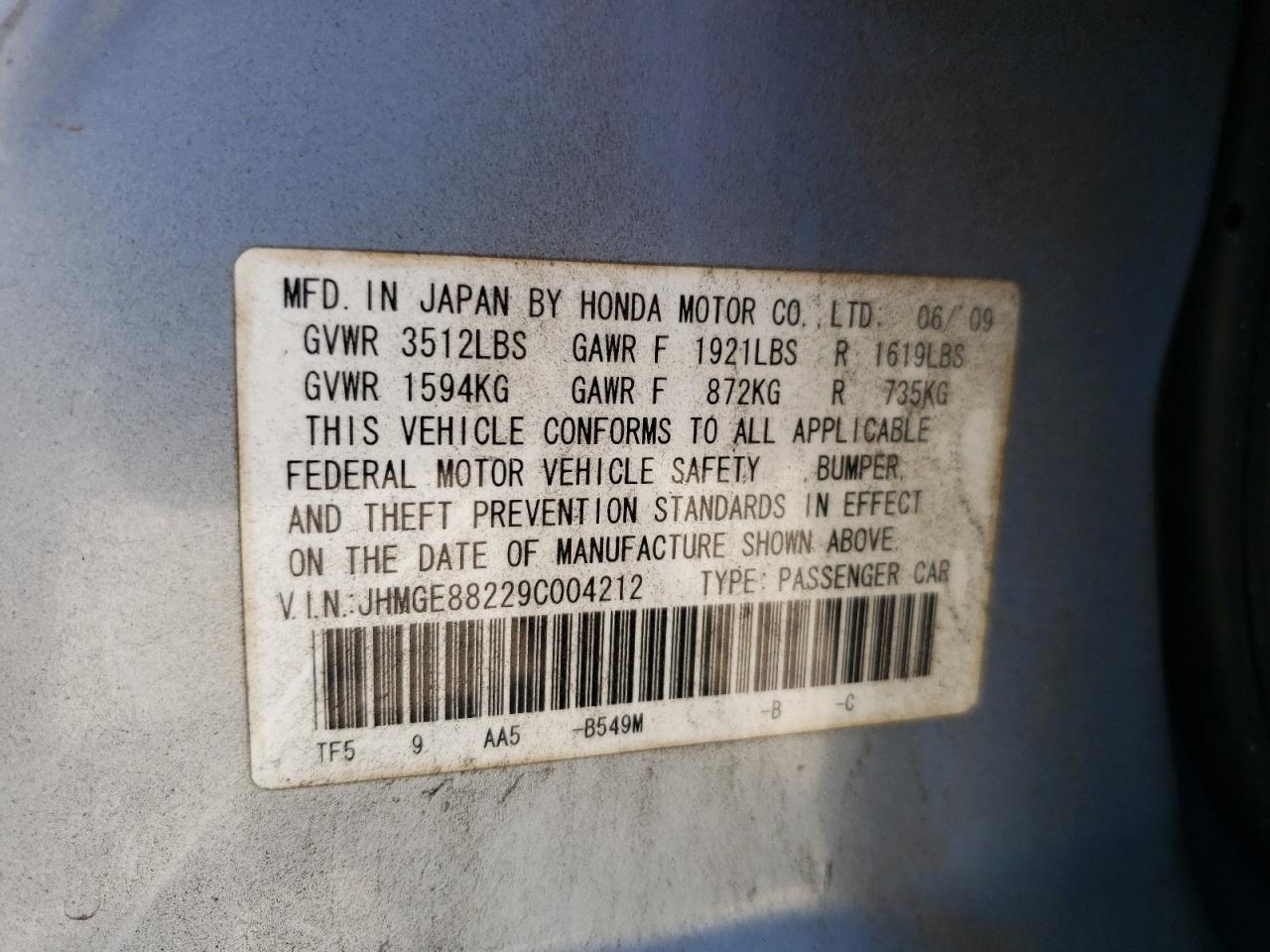 2009 Honda Fit VIN: JHMGE88229C004212 Lot: 53302914