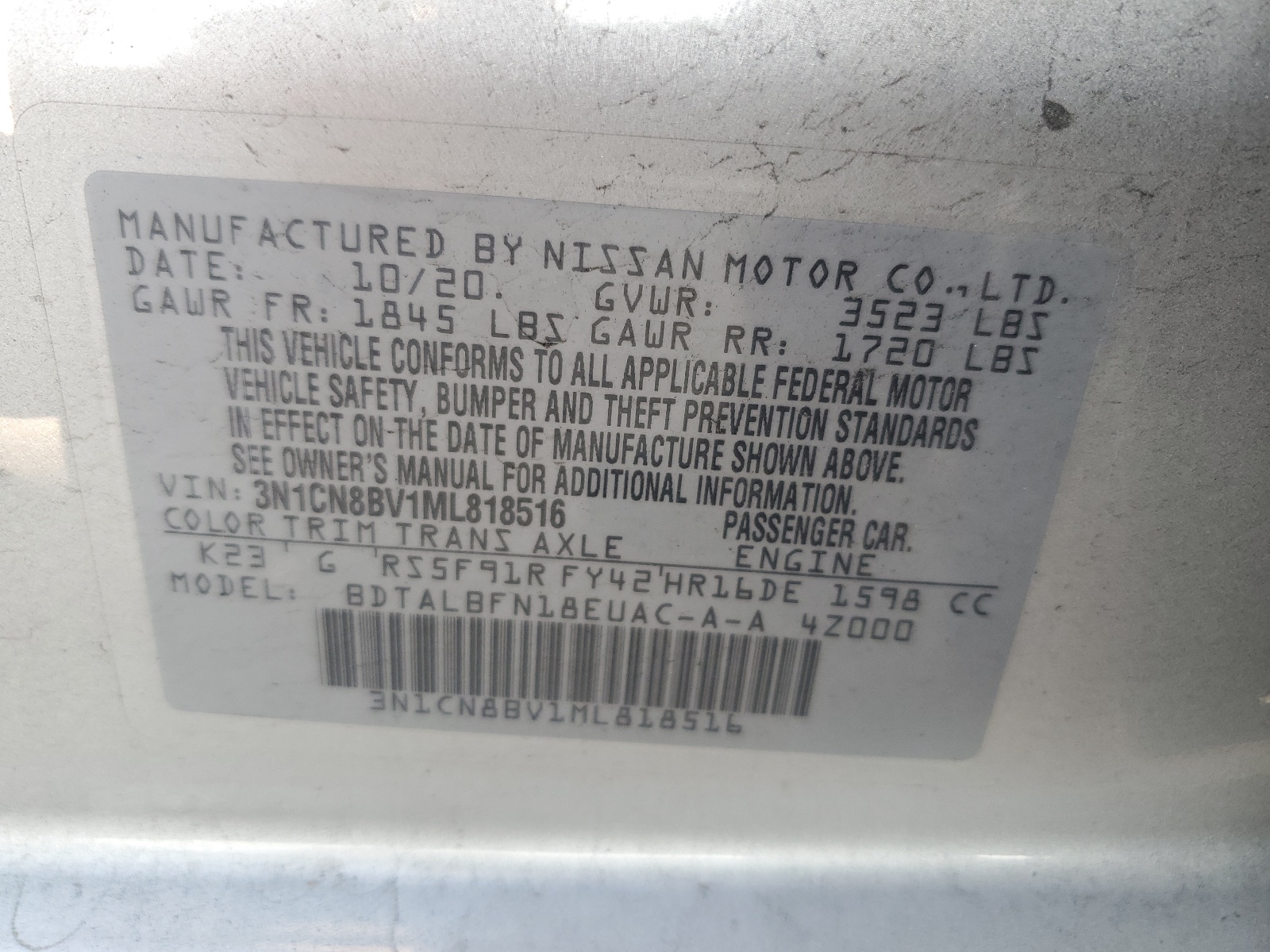 3N1CN8BV1ML818516 2021 Nissan Versa S