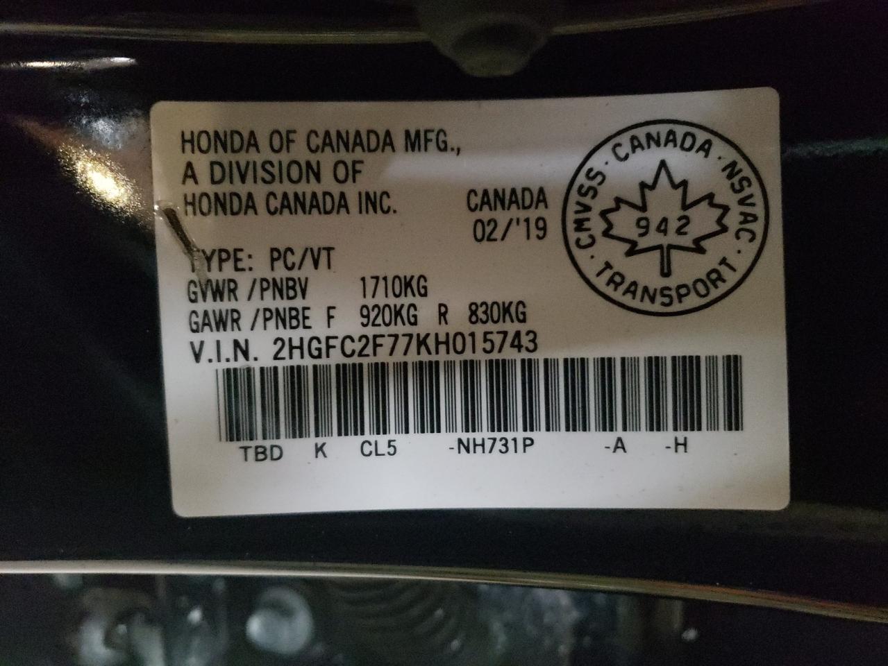 2HGFC2F77KH015743 2019 Honda Civic Ex