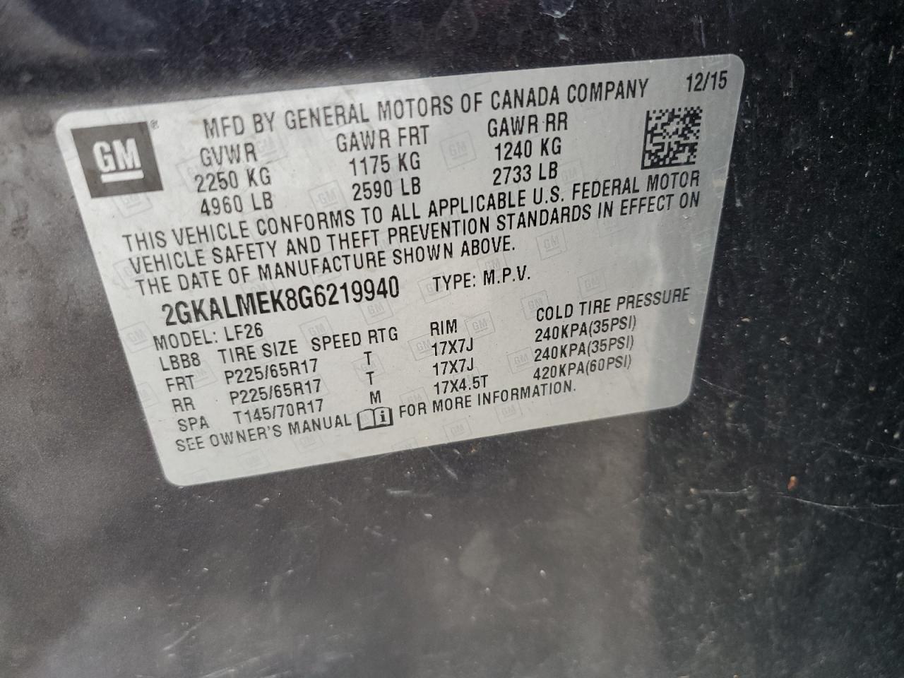 2GKALMEK8G6219940 2016 GMC Terrain Sle