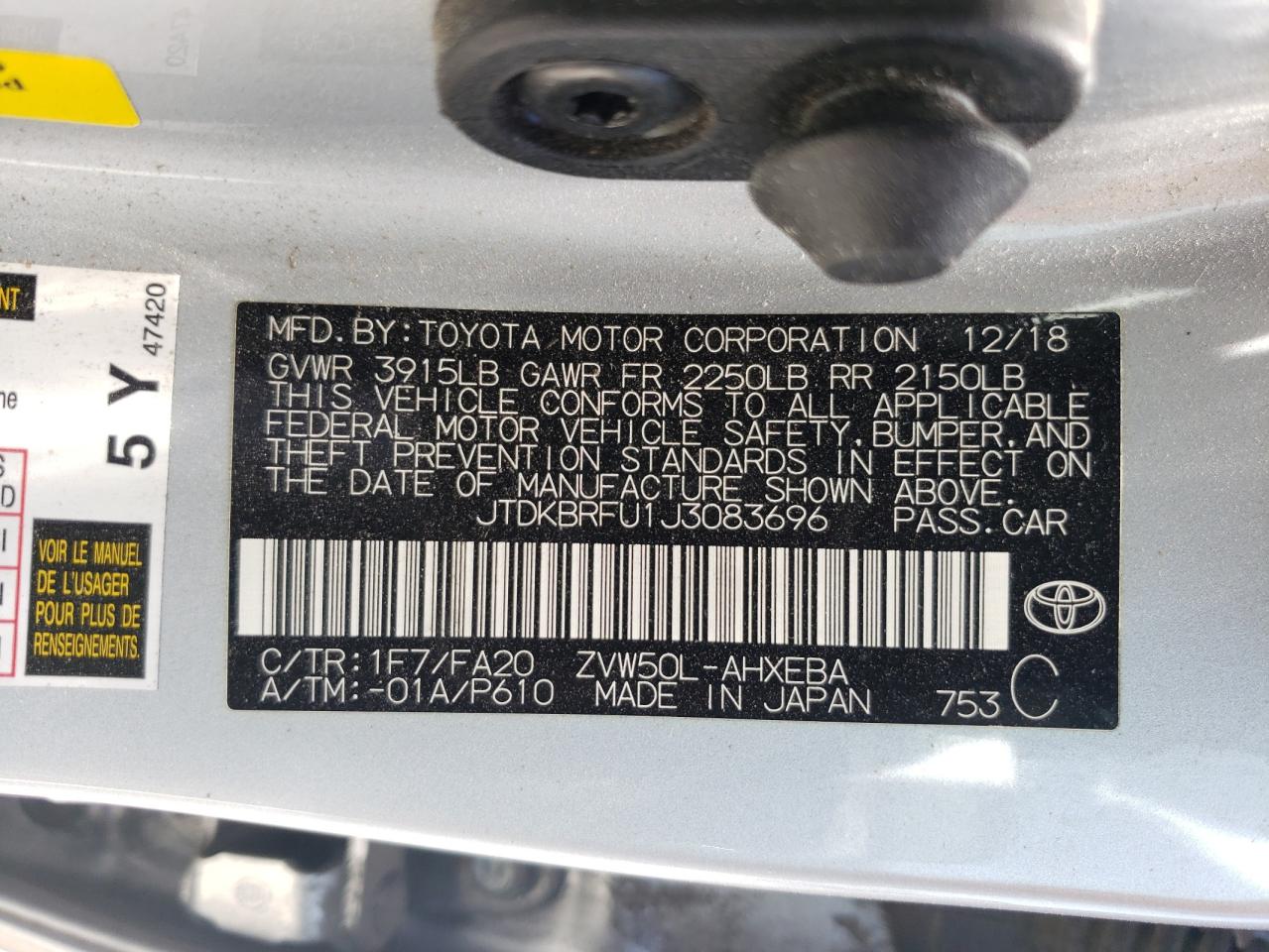 JTDKBRFU1J3083696 2018 Toyota Prius