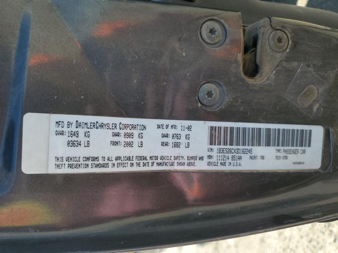 2003 Dodge Neon Se VIN: 1B3ES26CX3D162245 Lot: 53162784