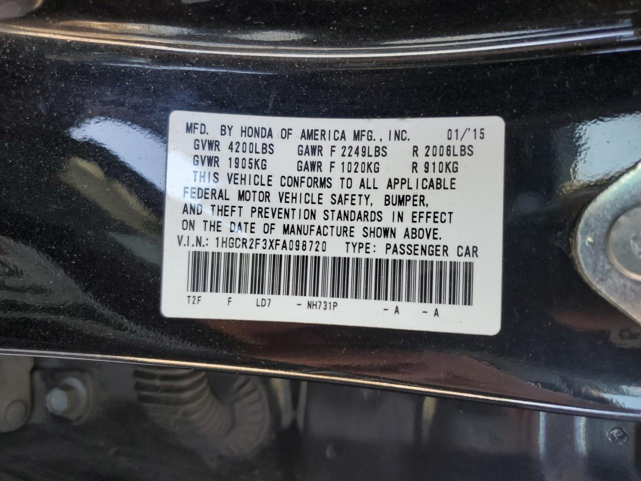 1HGCR2F3XFA098720 2015 Honda Accord Lx