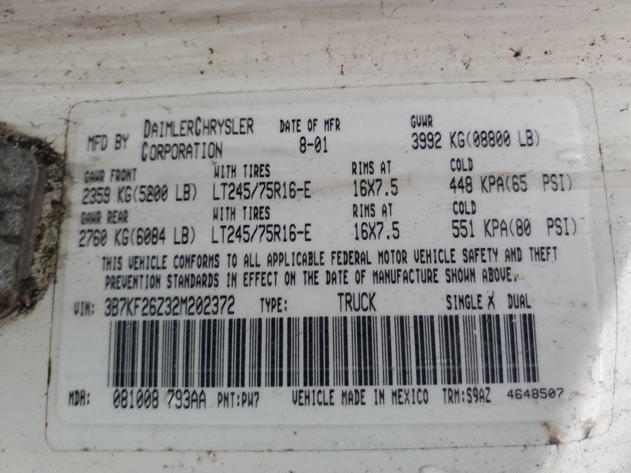 2002 Dodge Ram 2500 VIN: 3B7KF26Z32M202372 Lot: 50254514