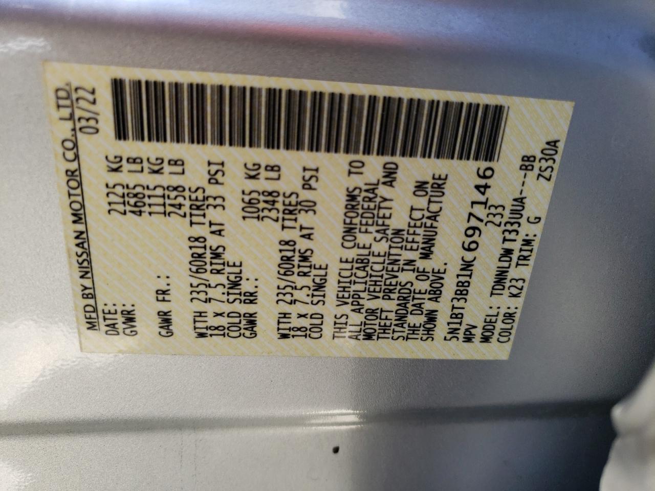 2022 Nissan Rogue Sv VIN: 5N1BT3BB1NC697146 Lot: 64097403