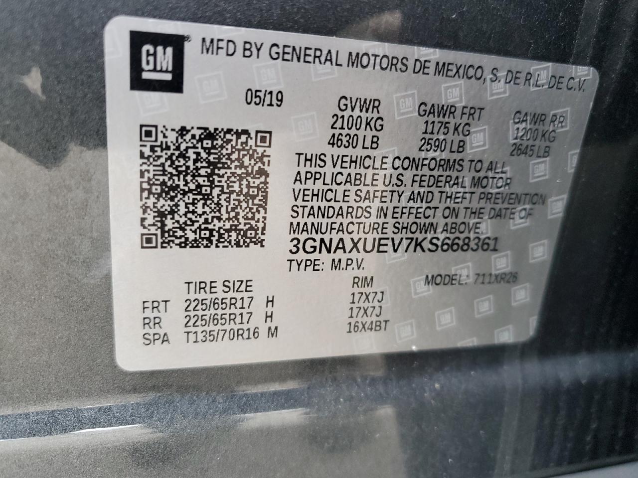 3GNAXUEV7KS668361 2019 Chevrolet Equinox Lt