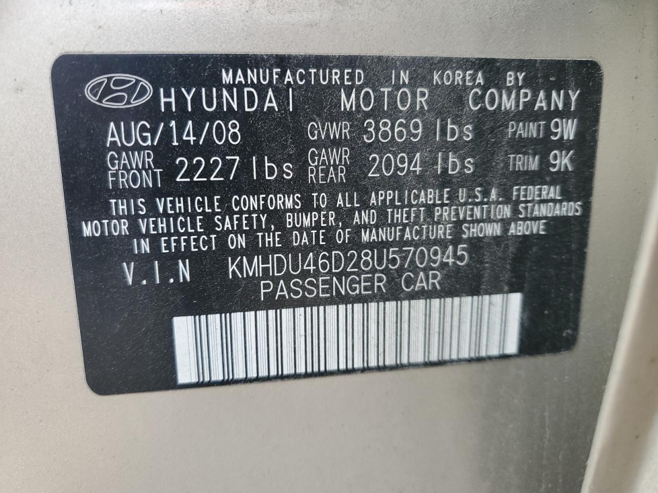 2008 Hyundai Elantra Gls VIN: KMHDU46D28U570945 Lot: 61602364