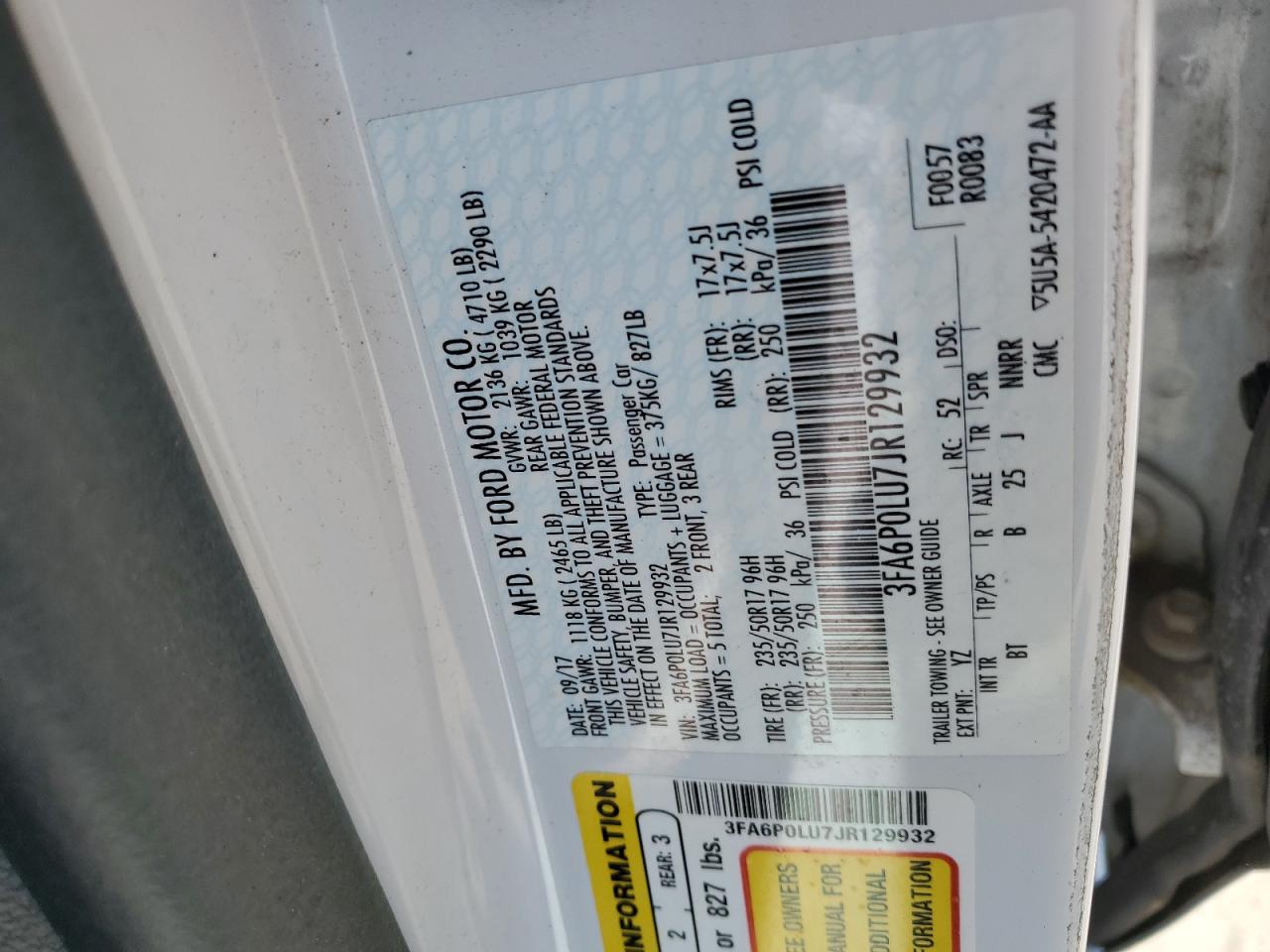 2018 Ford Fusion Se Hybrid VIN: 3FA6P0LU7JR129932 Lot: 66431333