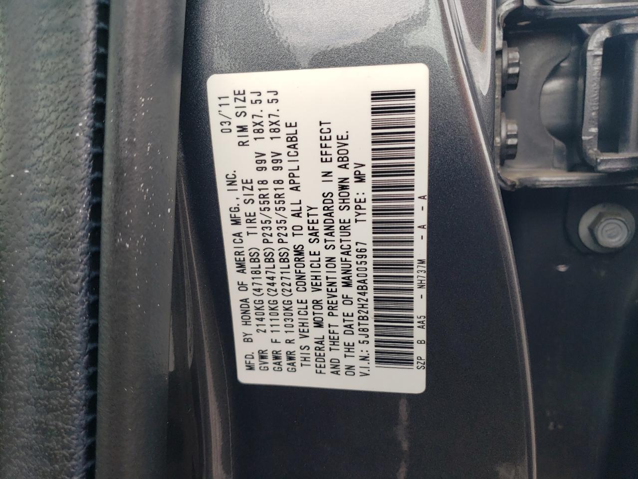 2011 Acura Rdx VIN: 5J8TB2H24BA005967 Lot: 66005433