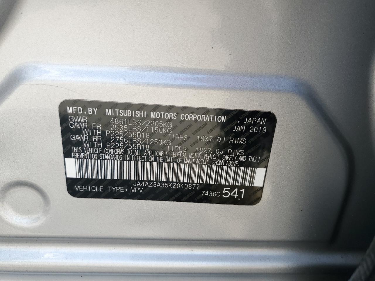 2019 Mitsubishi Outlander Se VIN: JA4AZ3A35KZ040877 Lot: 65808143