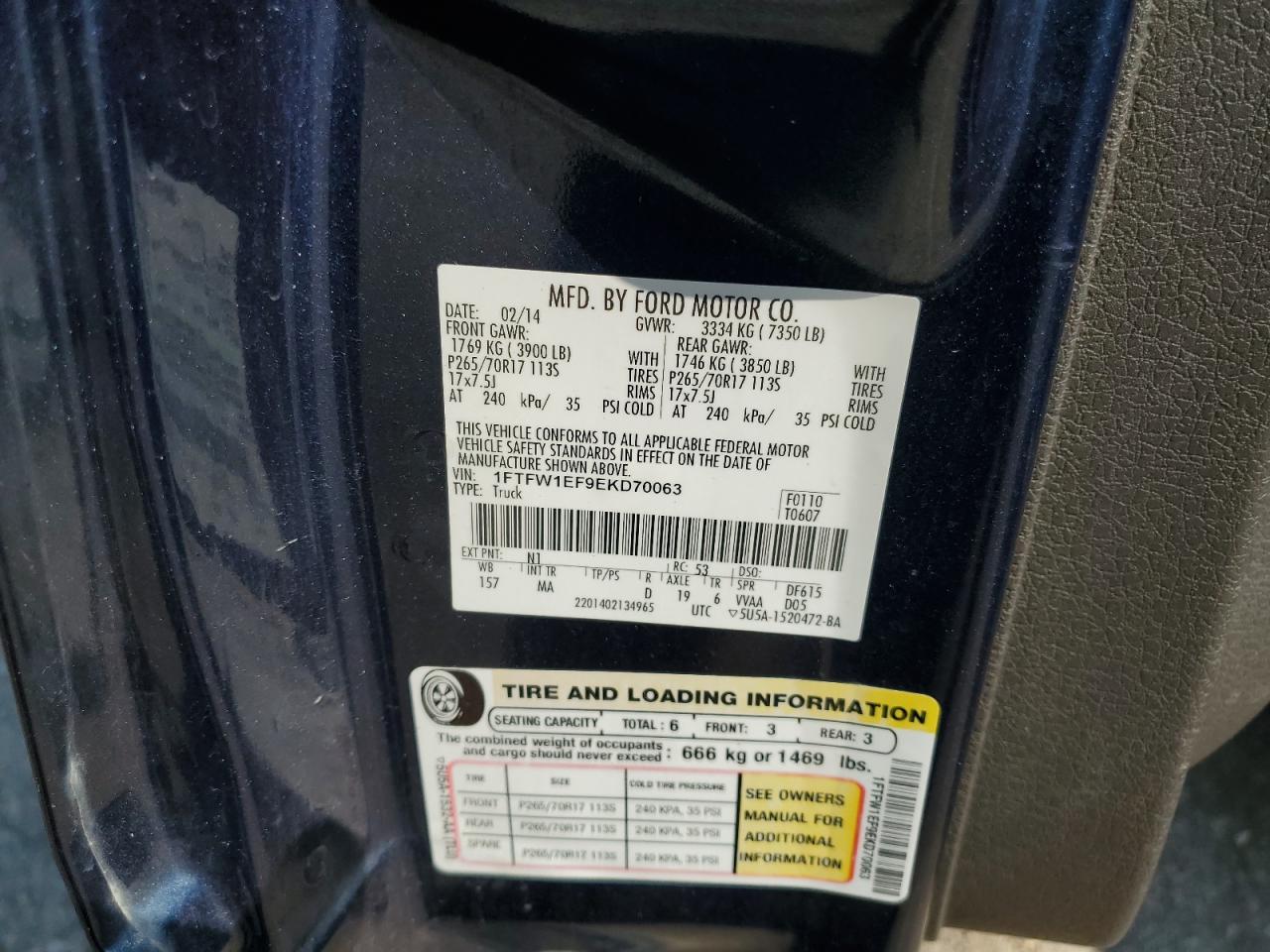 2014 Ford F150 Supercrew VIN: 1FTFW1EF9EKD70063 Lot: 74236124