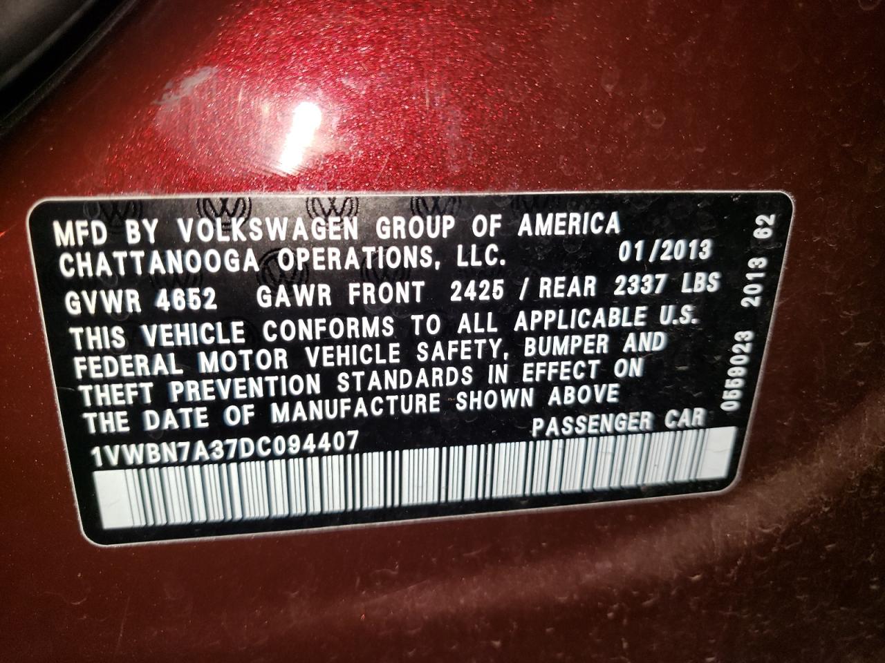 2013 Volkswagen Passat Se VIN: 1VWBN7A37DC094407 Lot: 62645493