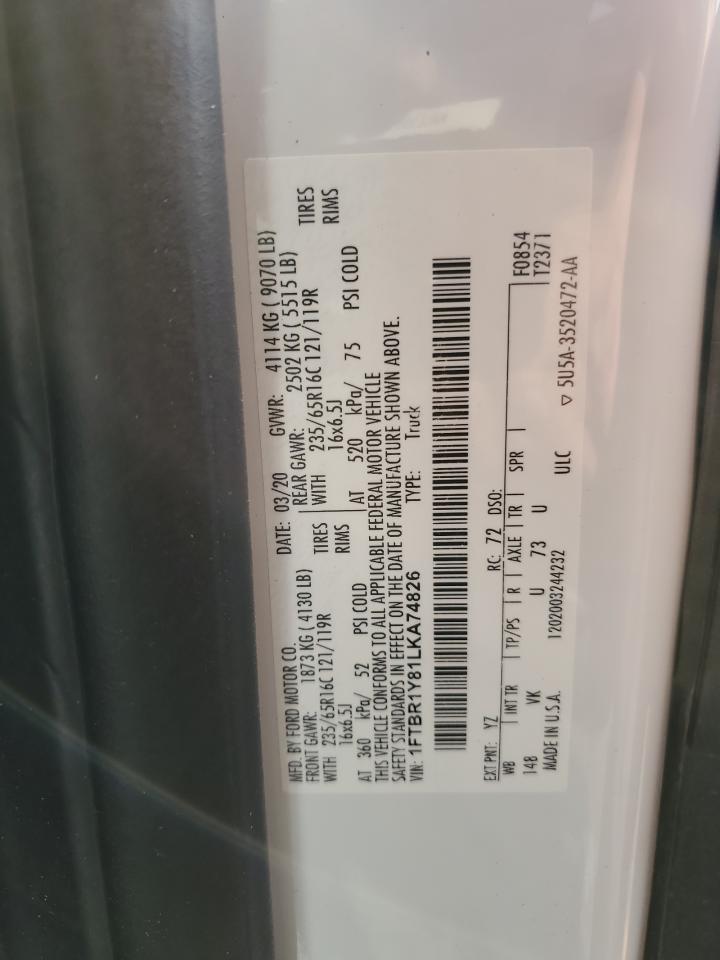 2020 Ford Transit T-250 VIN: 1FTBR1Y81LKA74826 Lot: 74061533