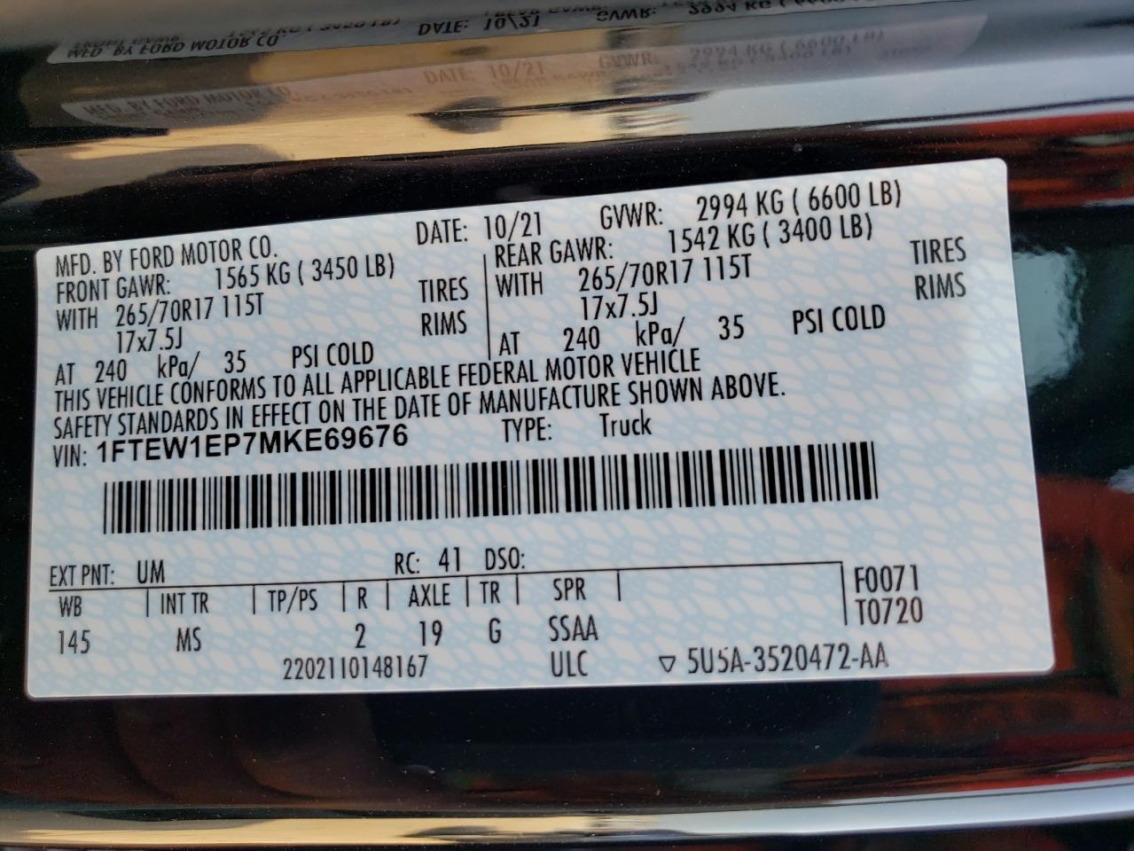 2021 Ford F150 Supercrew VIN: 1FTEW1EP7MKE69676 Lot: 60484375