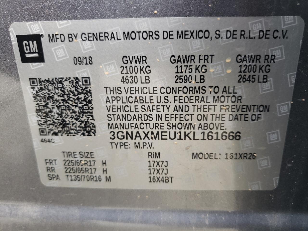 3GNAXMEU1KL161666 2019 Chevrolet Equinox Lt