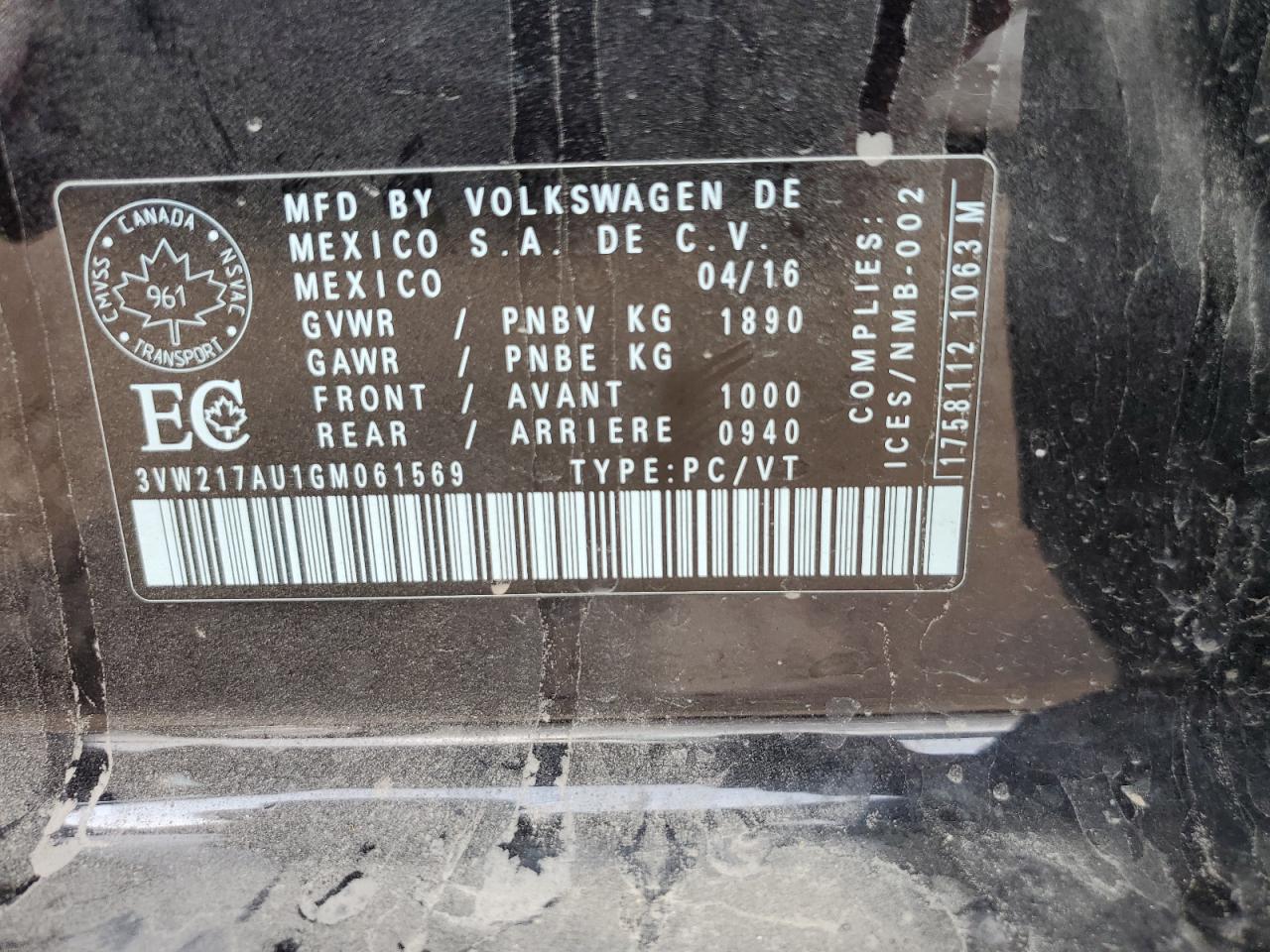2016 Volkswagen Golf S/Se VIN: 3VW217AU1GM061569 Lot: 88031405