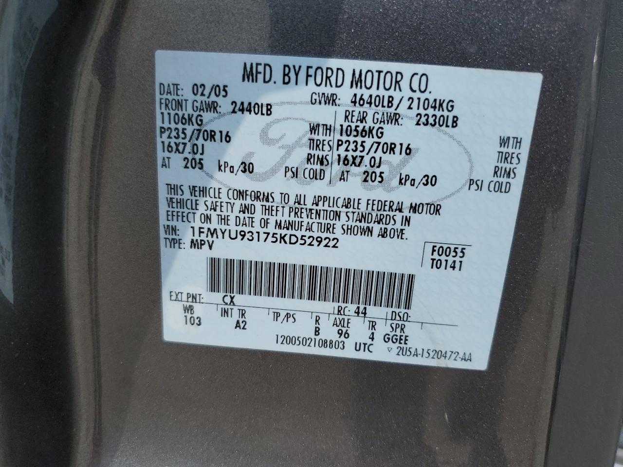 2005 Ford Escape Xlt VIN: 1FMYU93175KD52922 Lot: 56268664