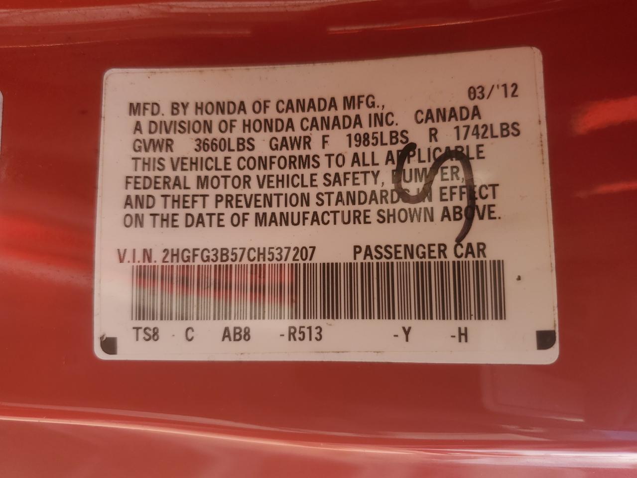 2012 Honda Civic Lx VIN: 2HGFG3B57CH537207 Lot: 57088445