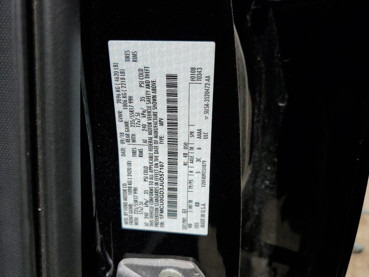 2018 Ford Escape Se VIN: 1FMCU0GD3JUD57107 Lot: 62488824