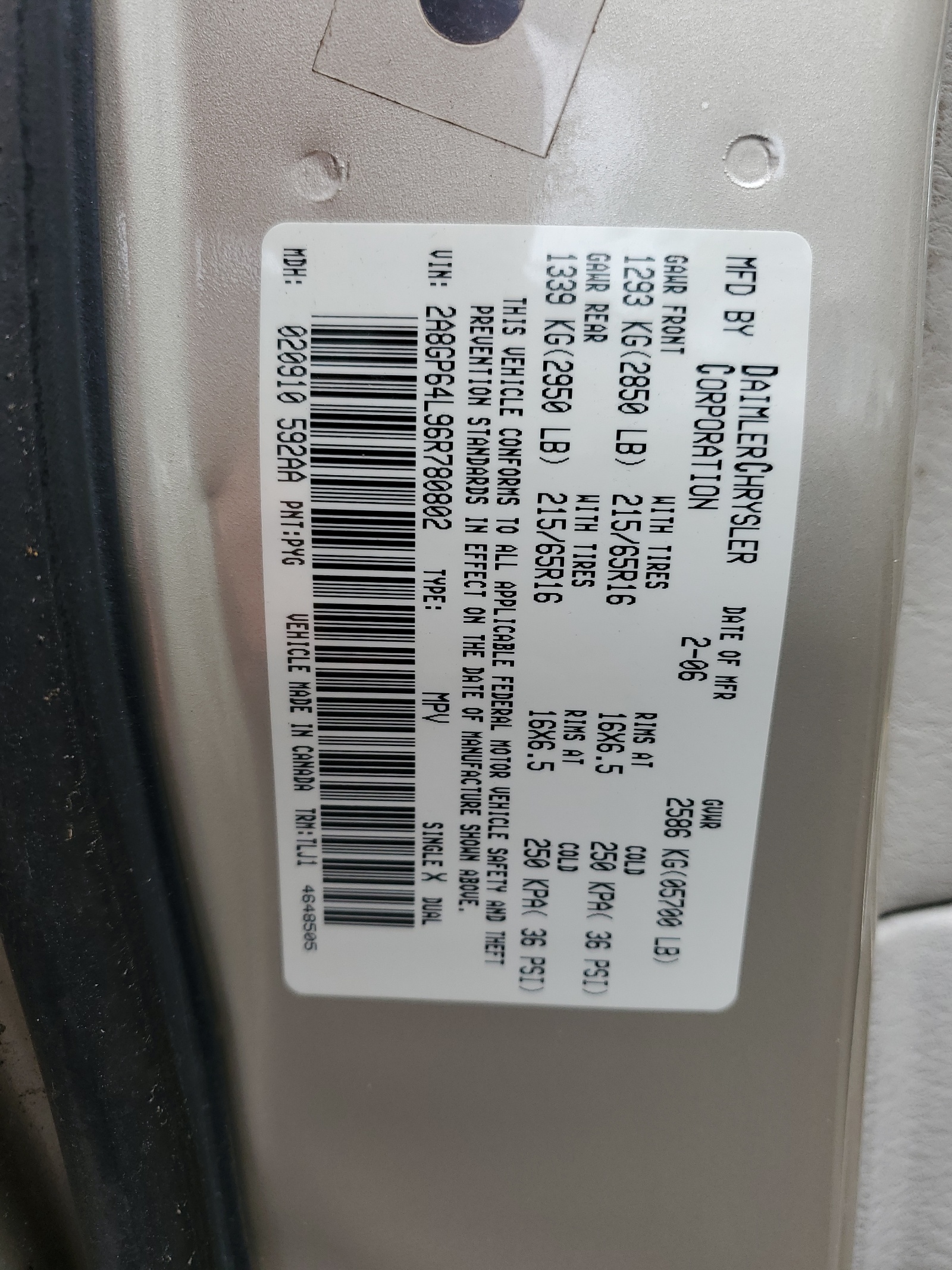 2A8GP64L96R780802 2006 Chrysler Town & Country Limited