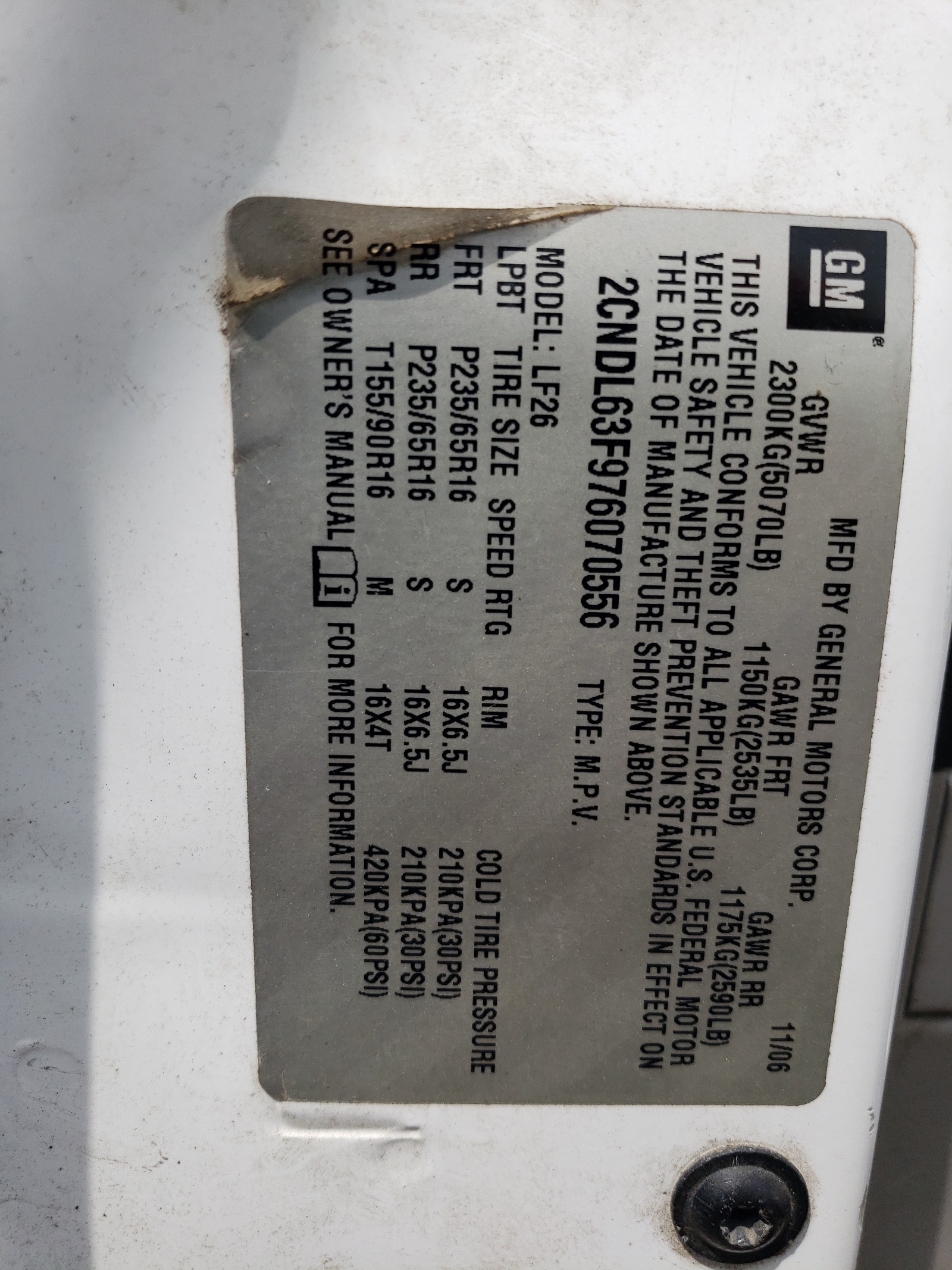 2CNDL63F976070556 2007 Chevrolet Equinox Lt