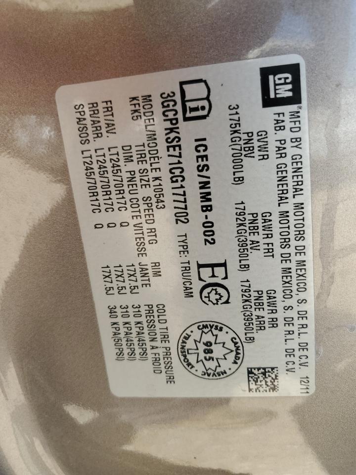 2012 Chevrolet Silverado K1500 Lt VIN: 3GCPKSE71CG177702 Lot: 64603763