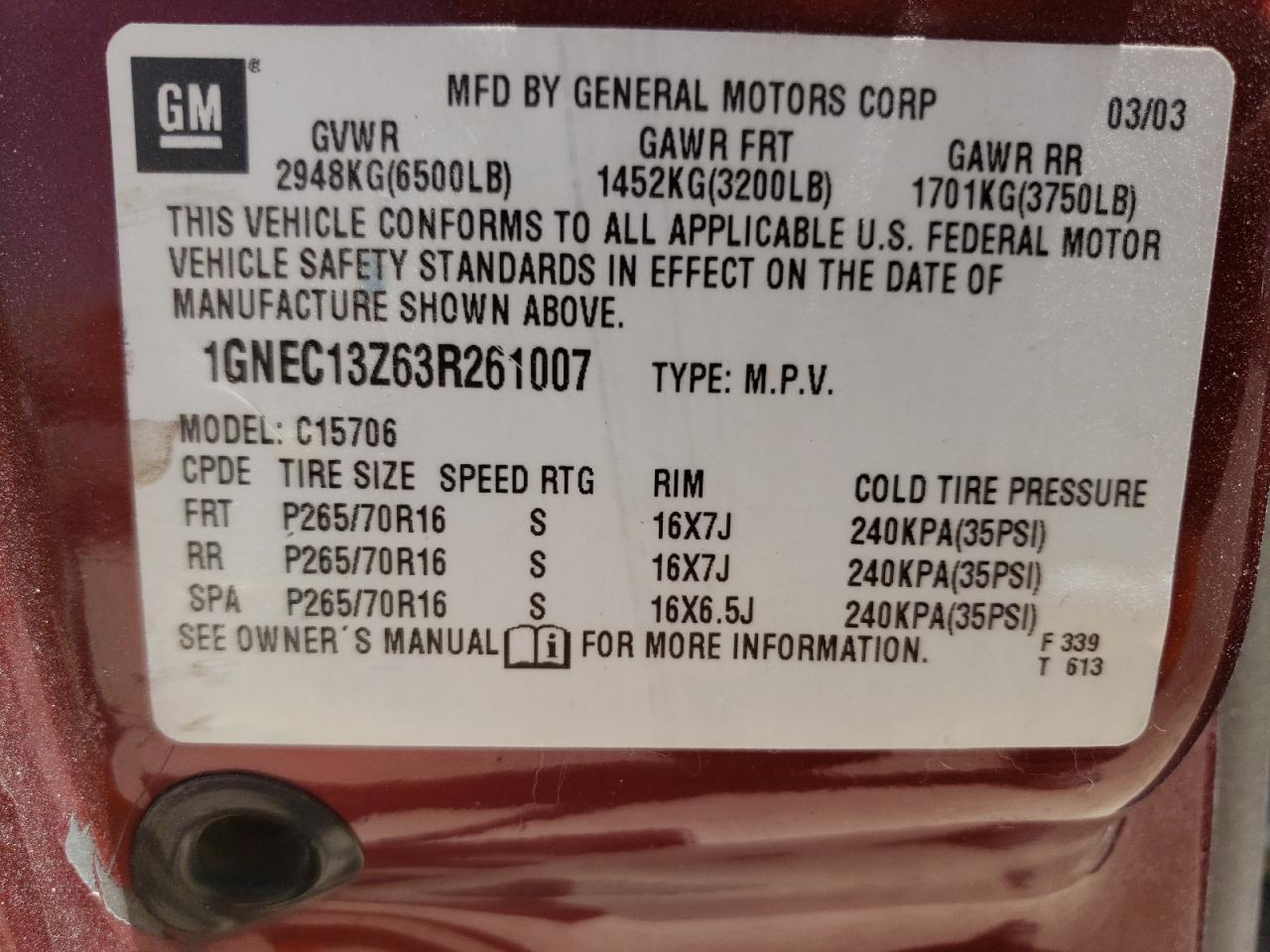 2003 Chevrolet Tahoe C1500 VIN: 1GNEC13Z63R261007 Lot: 84264744