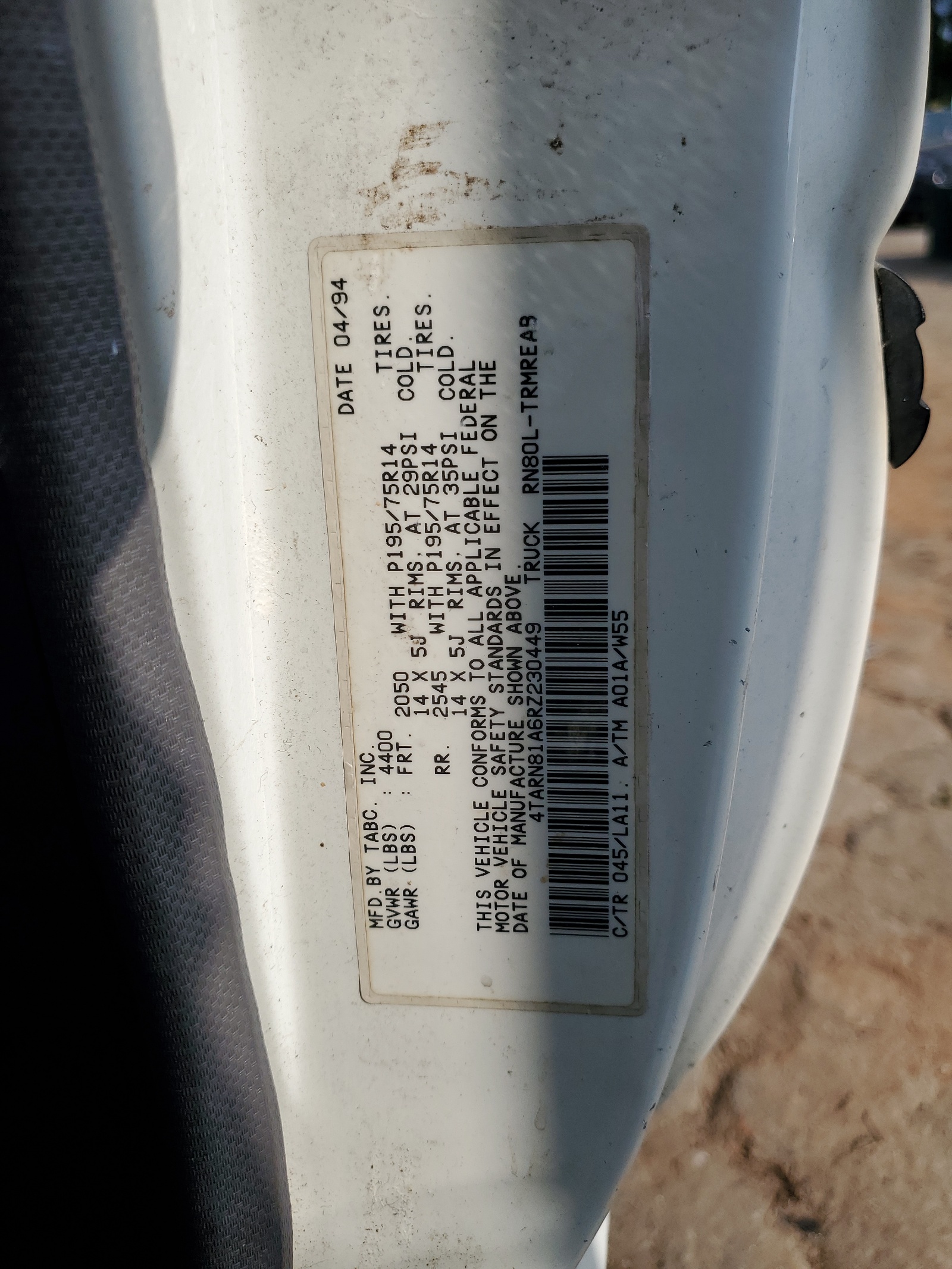 4TARN81A6RZ230449 1994 Toyota Pickup 1/2 Ton Short Wheelbase Stb