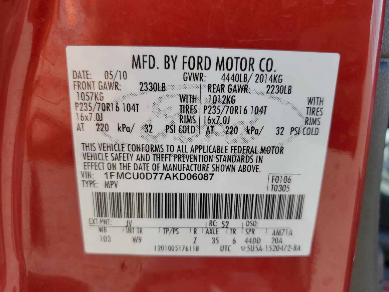 2010 Ford Escape Xlt VIN: 1FMCU0D77AKD06087 Lot: 51763744