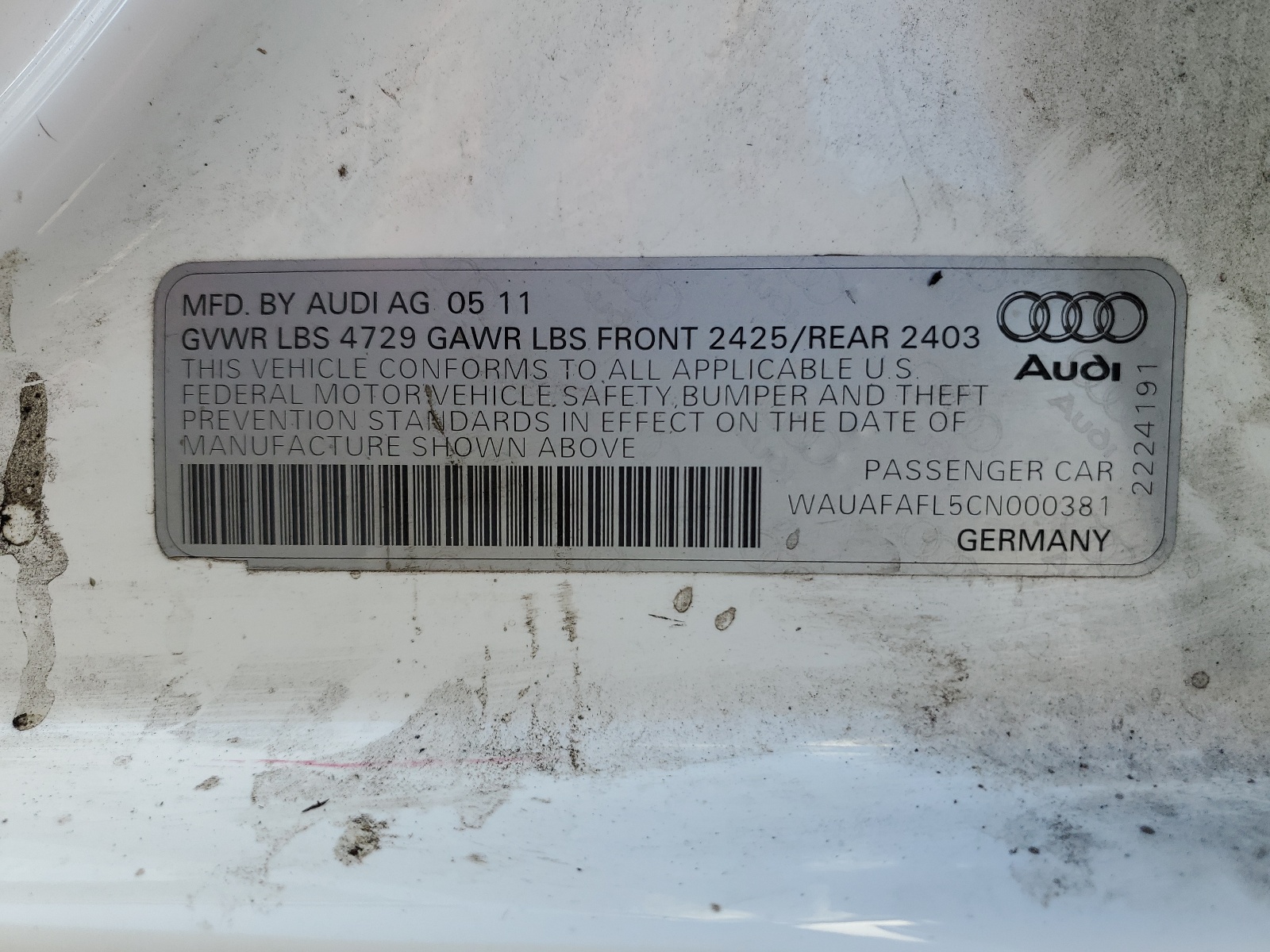 WAUAFAFL5CN000381 2012 Audi A4 Premium