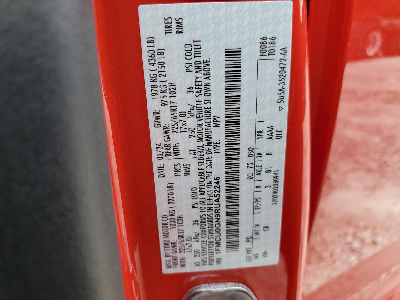 2024 Ford Escape Active VIN: 1FMCU0GN9RUA52246 Lot: 66390684