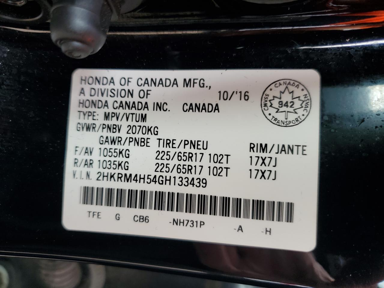 2016 Honda Cr-V Ex VIN: 2HKRM4H54GH133439 Lot: 65707204