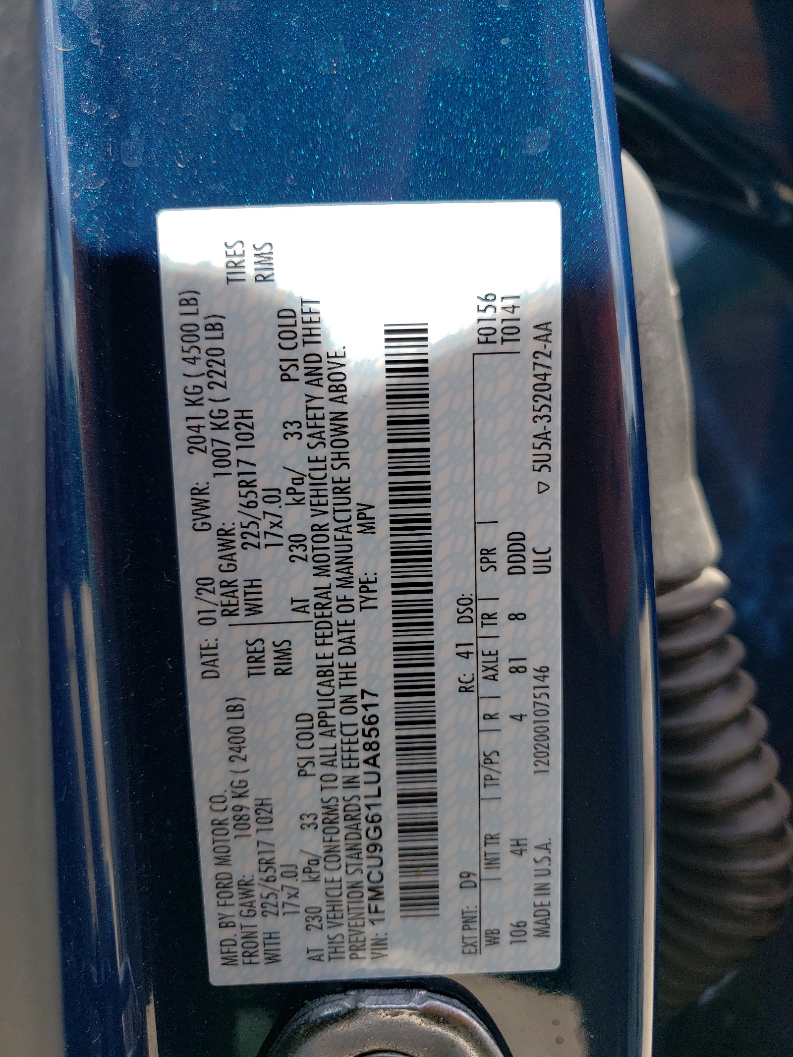 1FMCU9G61LUA85617 2020 Ford Escape Se