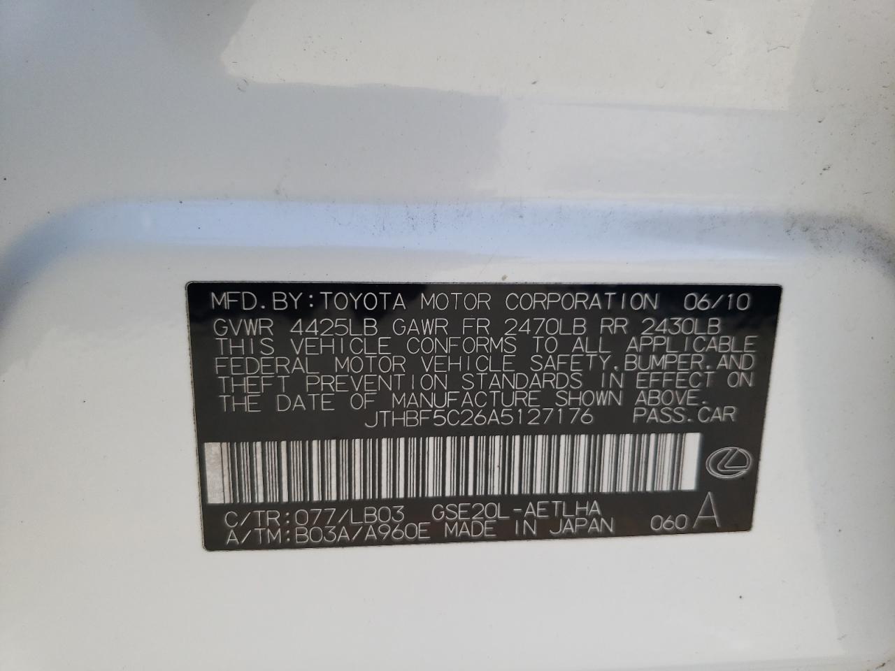 2010 Lexus Is 250 VIN: JTHBF5C26A5127176 Lot: 66981944