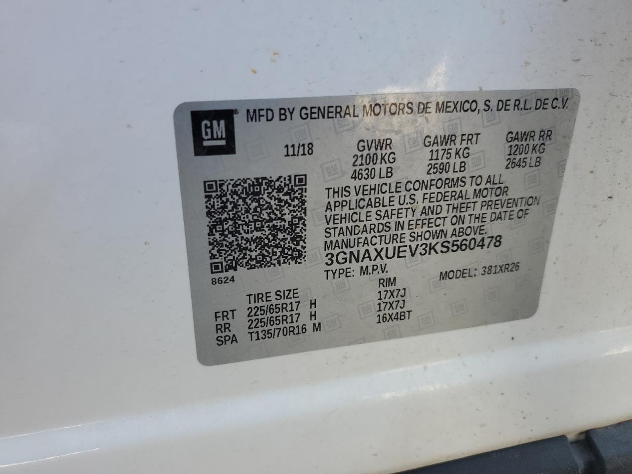 3GNAXUEV3KS560478 2019 Chevrolet Equinox Lt