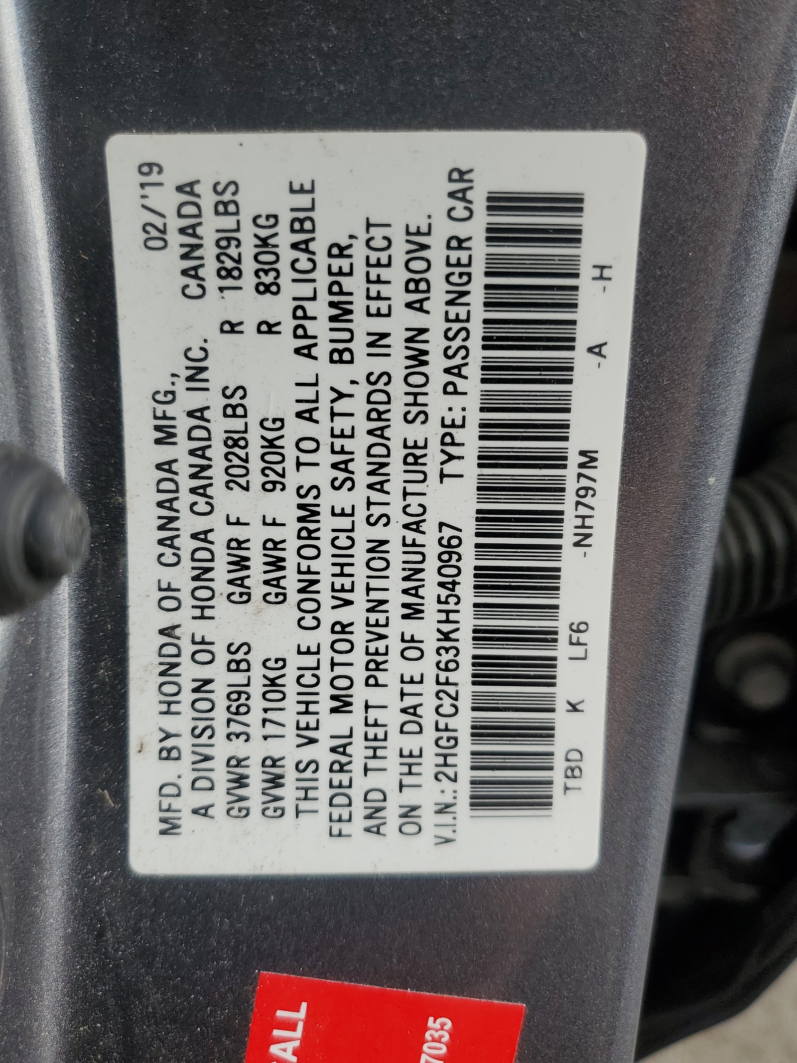 2HGFC2F63KH540967 2019 Honda Civic Lx