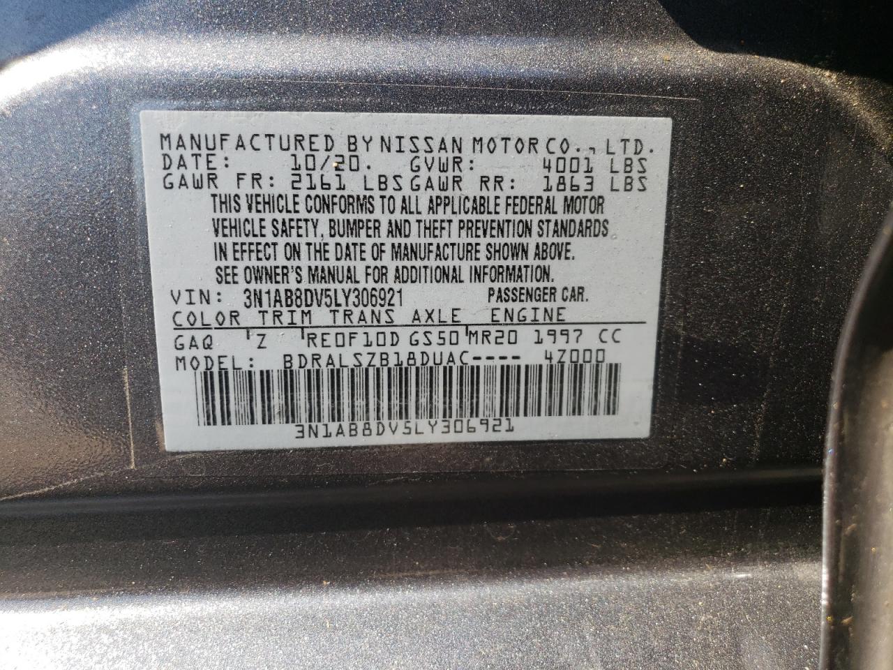 3N1AB8DV5LY306921 2020 Nissan Sentra Sr