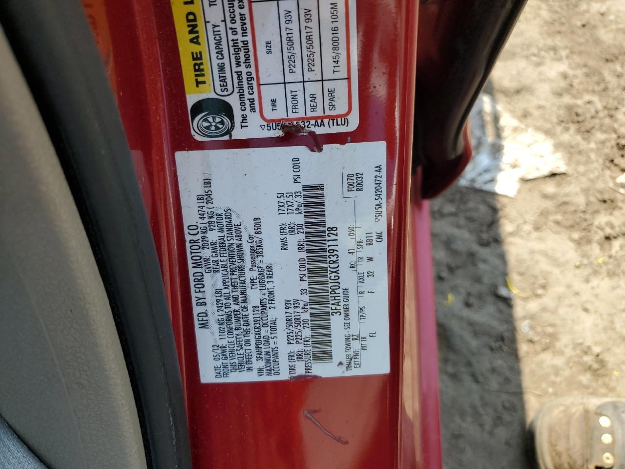 2012 Ford Fusion Sel VIN: 3FAHP0JGXCR391128 Lot: 64989464