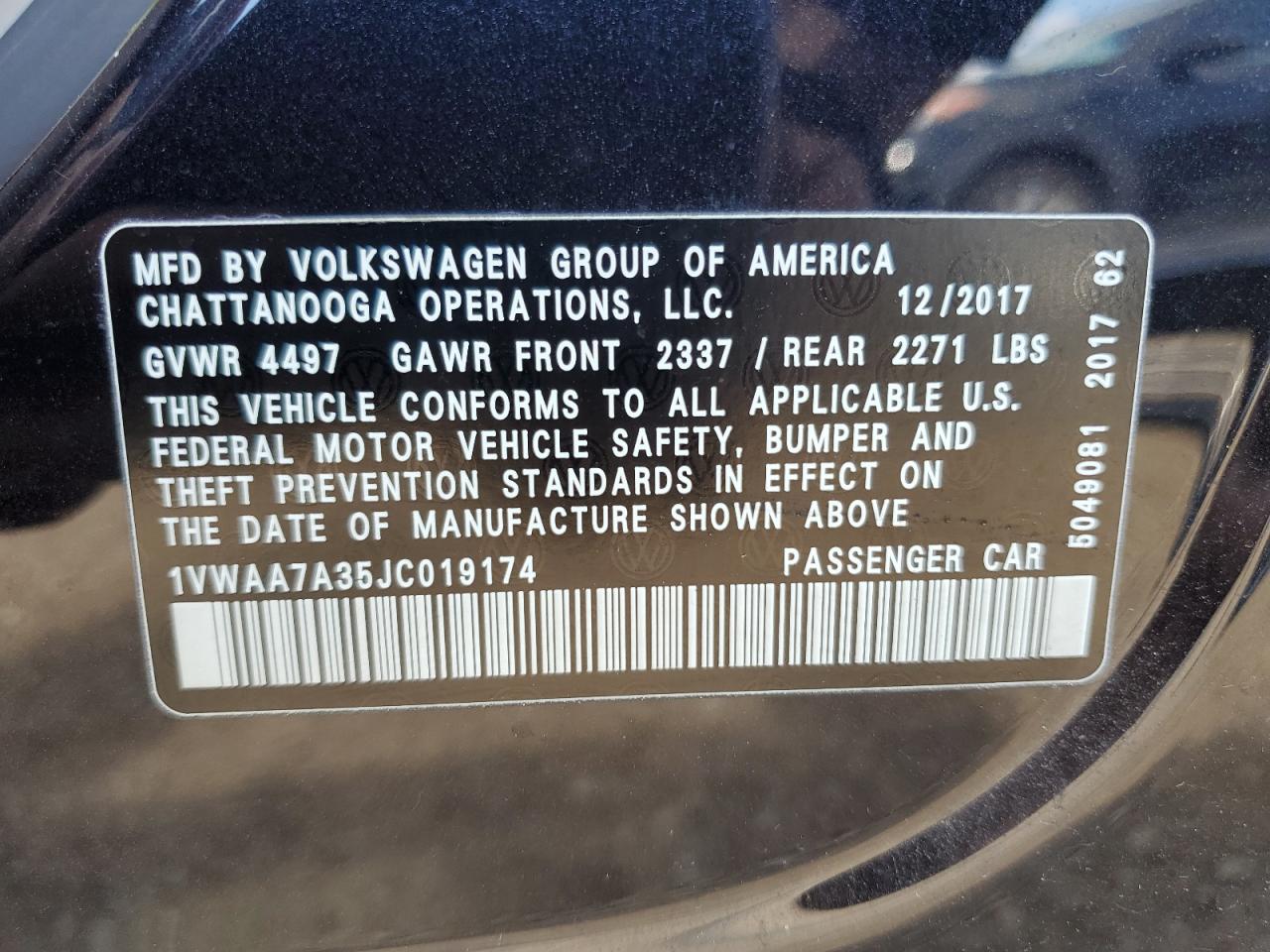 2018 Volkswagen Passat S VIN: 1VWAA7A35JC019174 Lot: 68125954