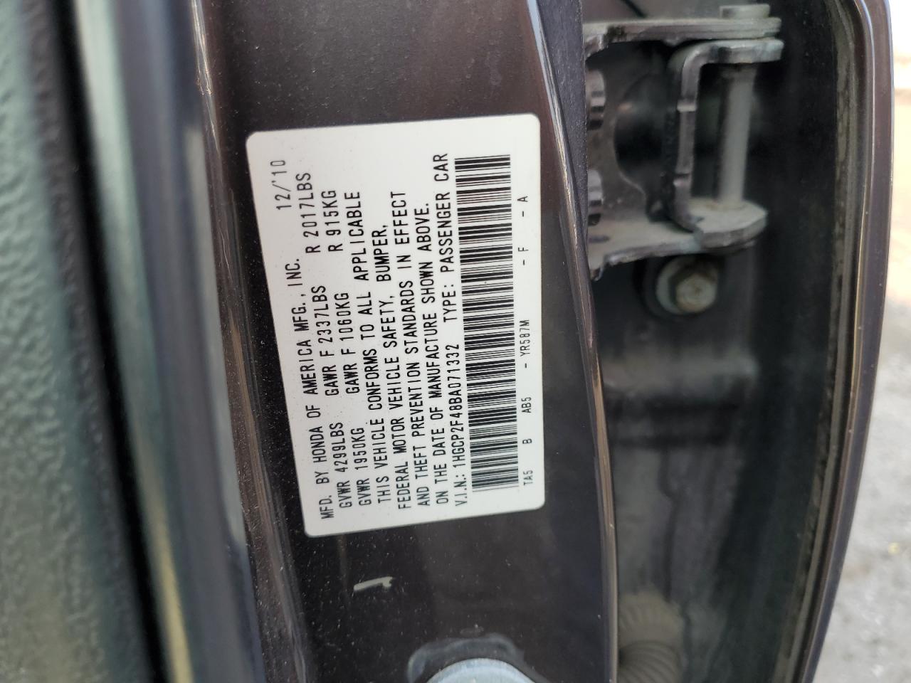 1HGCP2F48BA071332 2011 Honda Accord Lxp