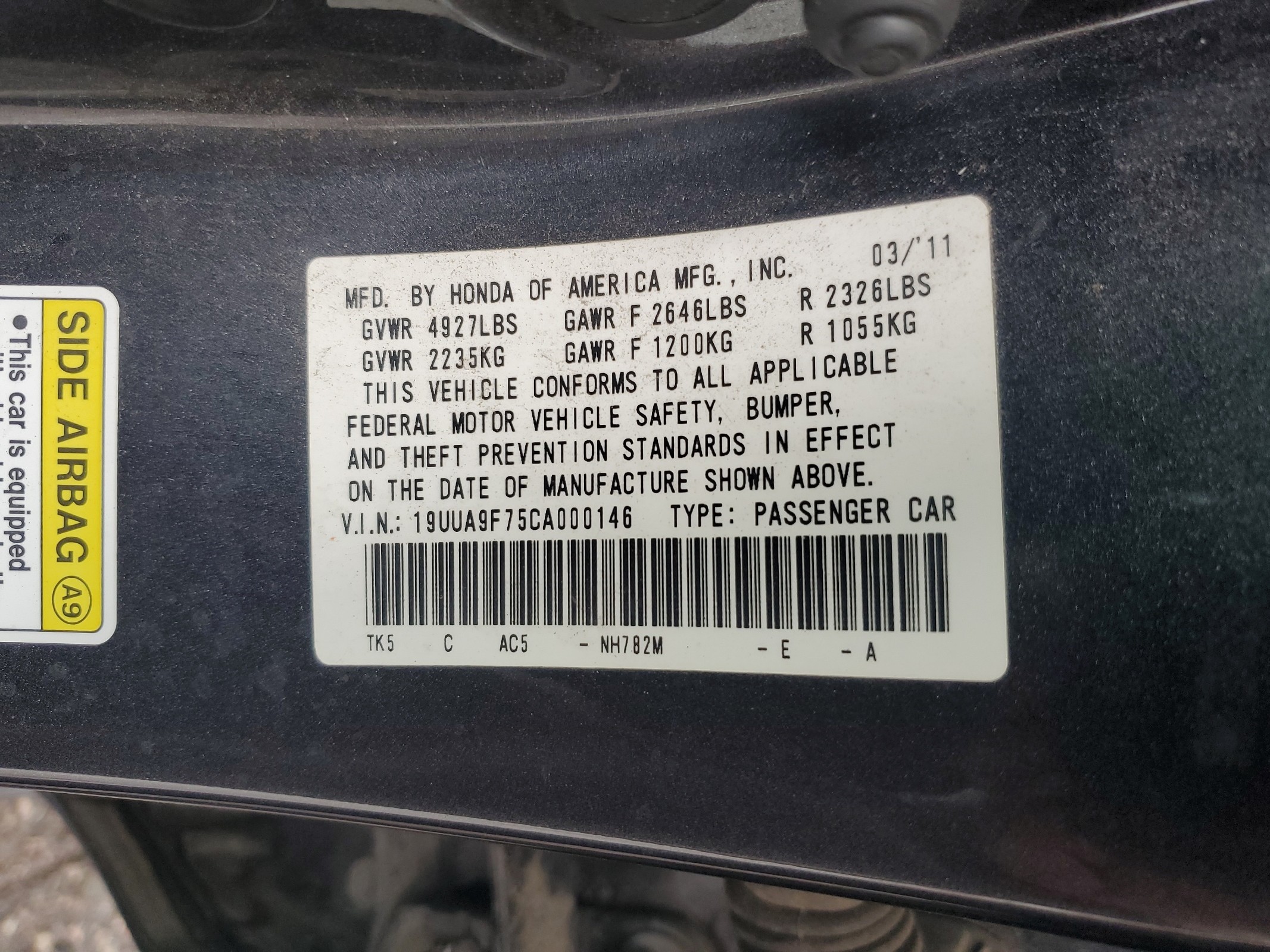 19UUA9F75CA000146 2012 Acura Tl