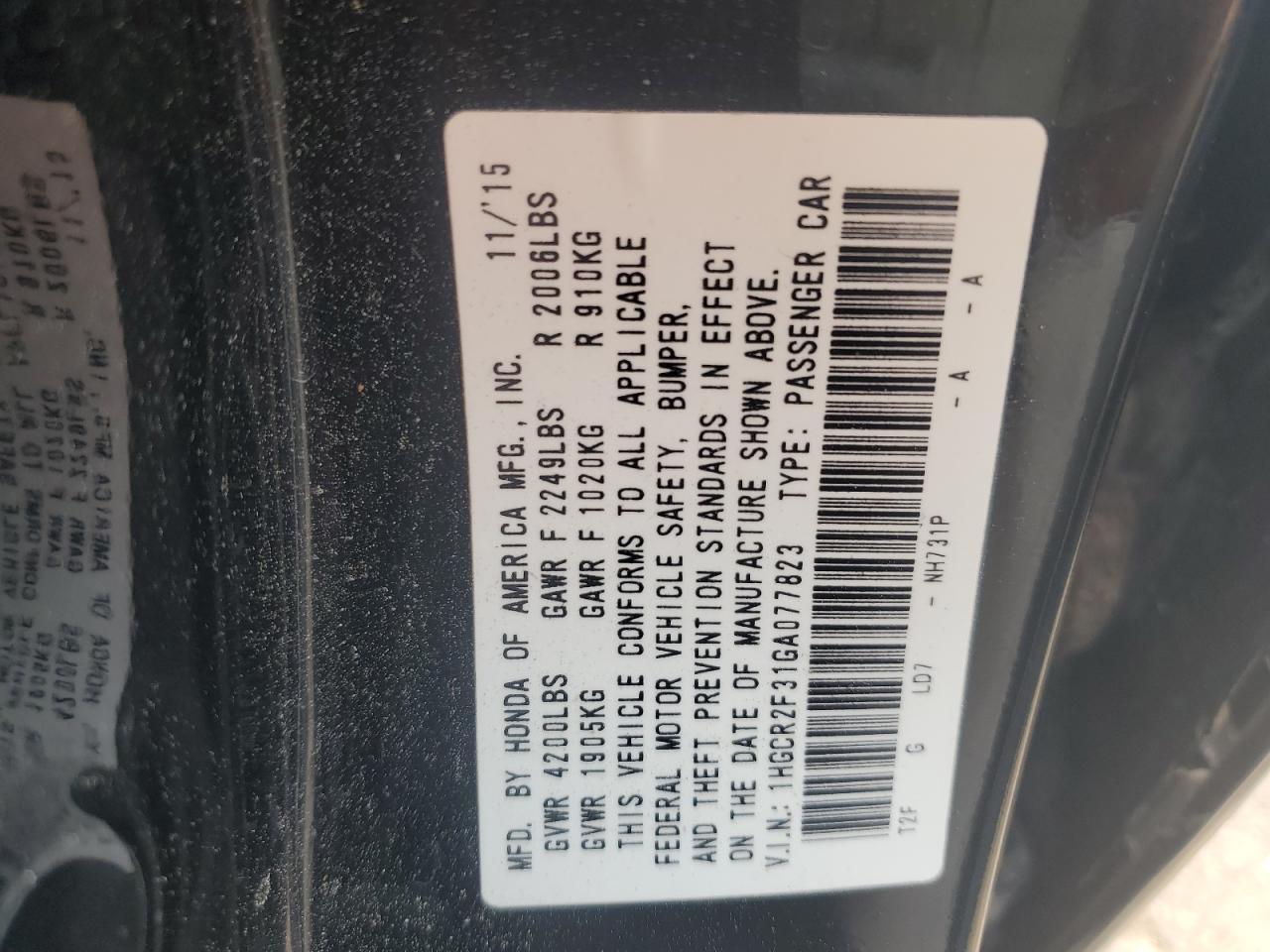 1HGCR2F31GA077823 2016 Honda Accord Lx