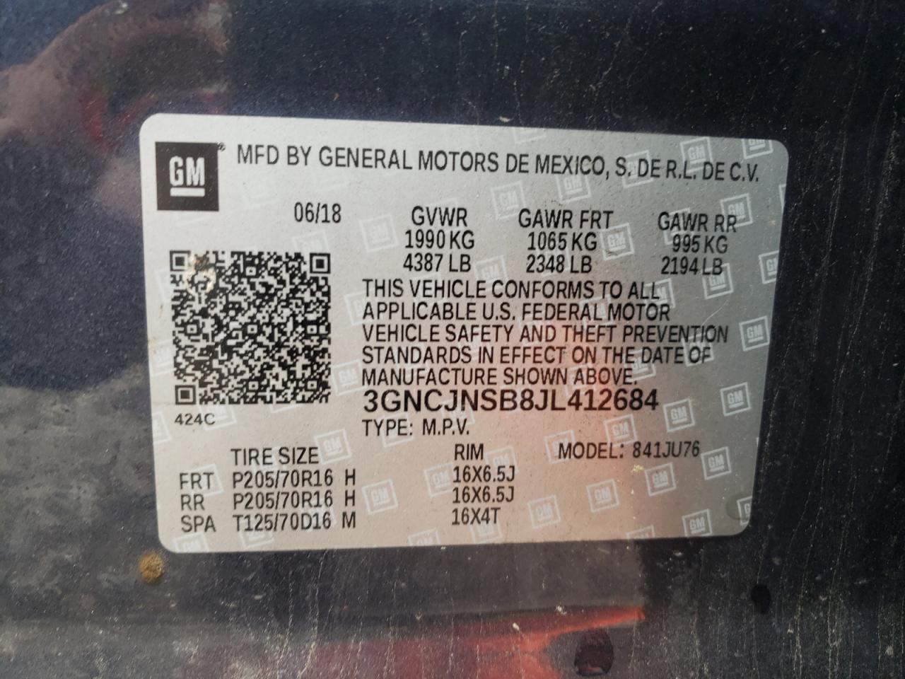 2018 Chevrolet Trax Ls VIN: 3GNCJNSB8JL412684 Lot: 65954004