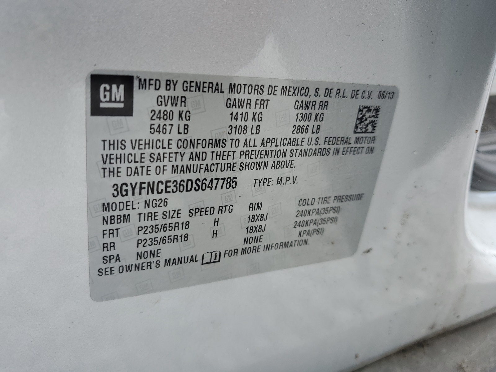 3GYFNCE36DS647785 2013 Cadillac Srx Luxury Collection