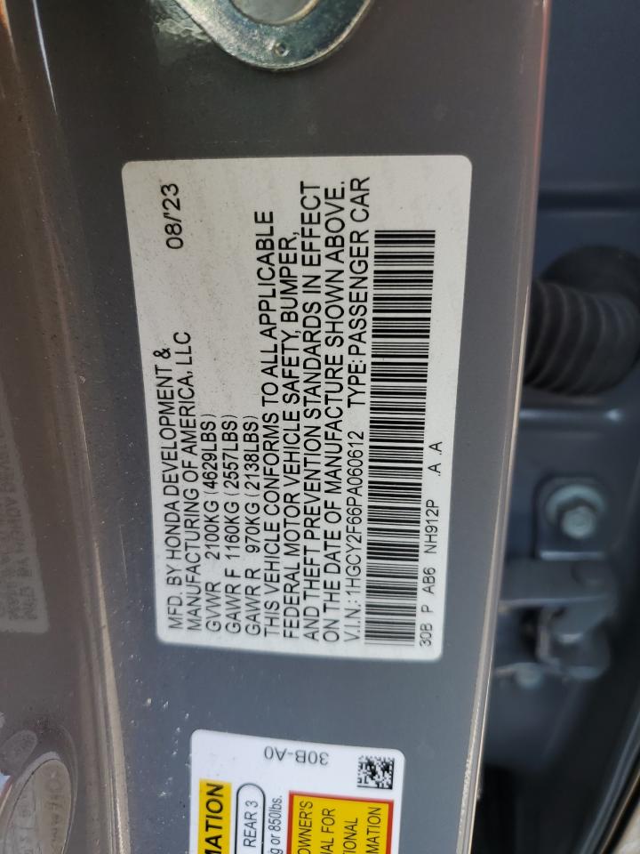 2023 Honda Accord Hybrid Exl VIN: 1HGCY2F66PA060612 Lot: 68882284