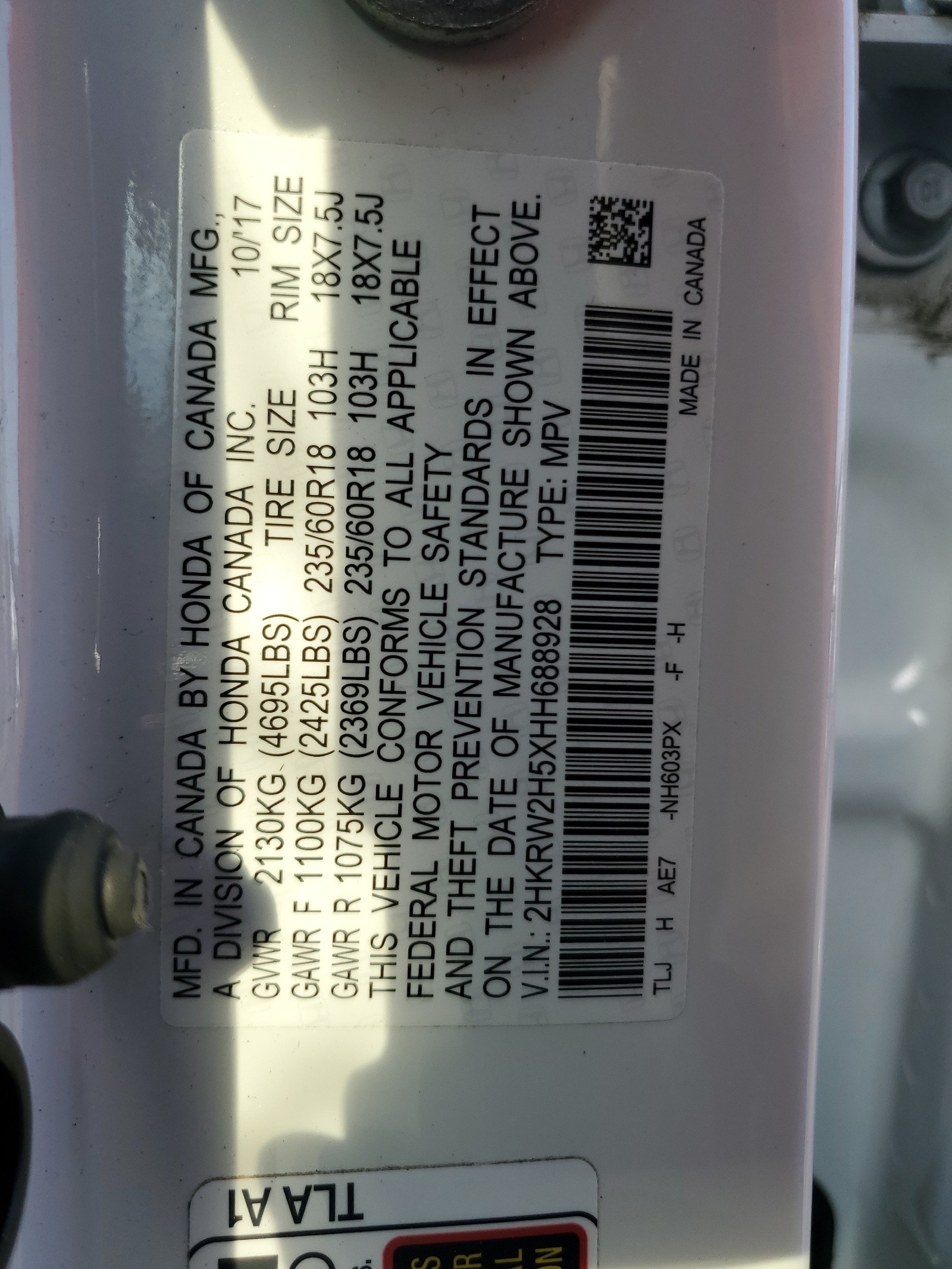 2HKRW2H5XHH688928 2017 Honda Cr-V Ex