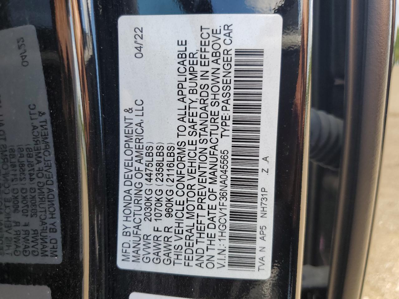 2022 Honda Accord Sport VIN: 1HGCV1F36NA045565 Lot: 67018404